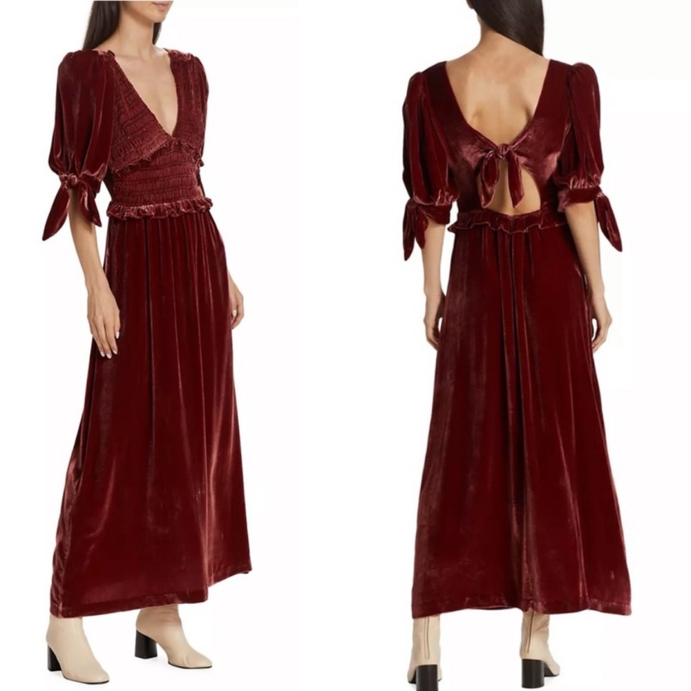 SEA New York Mayde Velvet Puff Sleeve Smocked Dress Rust Womens Size XS NEW